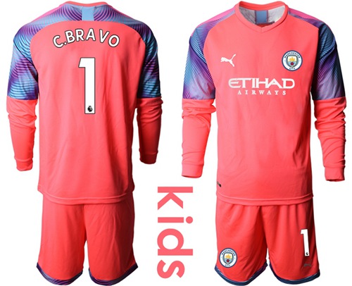 Manchester City #1 C.Bravo Pink Goalkeeper Long Sleeves Kid Soccer Club Jersey
